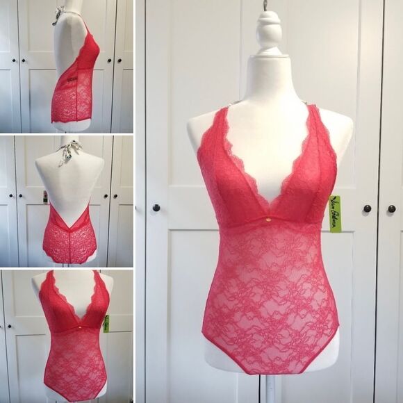 Sam Edelman Lace Halter Neck Bodysuit in Geranium | Medium New With Tag/NWOT - Picture 2 of 4